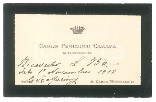 1918 NAPOLI Via San Carlo alle Mortelle - Carlo PERCUOCO CARAFA DI MONTECALVO Biglietto da visita d'epoca, manoscritto. FAIR/discreto Lievi smussature agli angoli, bruniture Formato: 10x7 cm originale e autentica 1 1918 NAPOLI Via San Carlo alle Mortelle - Carlo PERCUOCO CARAFA DI MONTECALVO Biglietto da visita d'epoca, manoscritto. FAIR/discreto Lievi smussature agli angoli, bruniture Formato: 10x7 cm originale e autentica 1